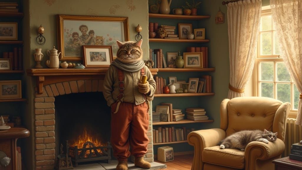 Cozy Cat Family Portrait by Fireplace Mantel