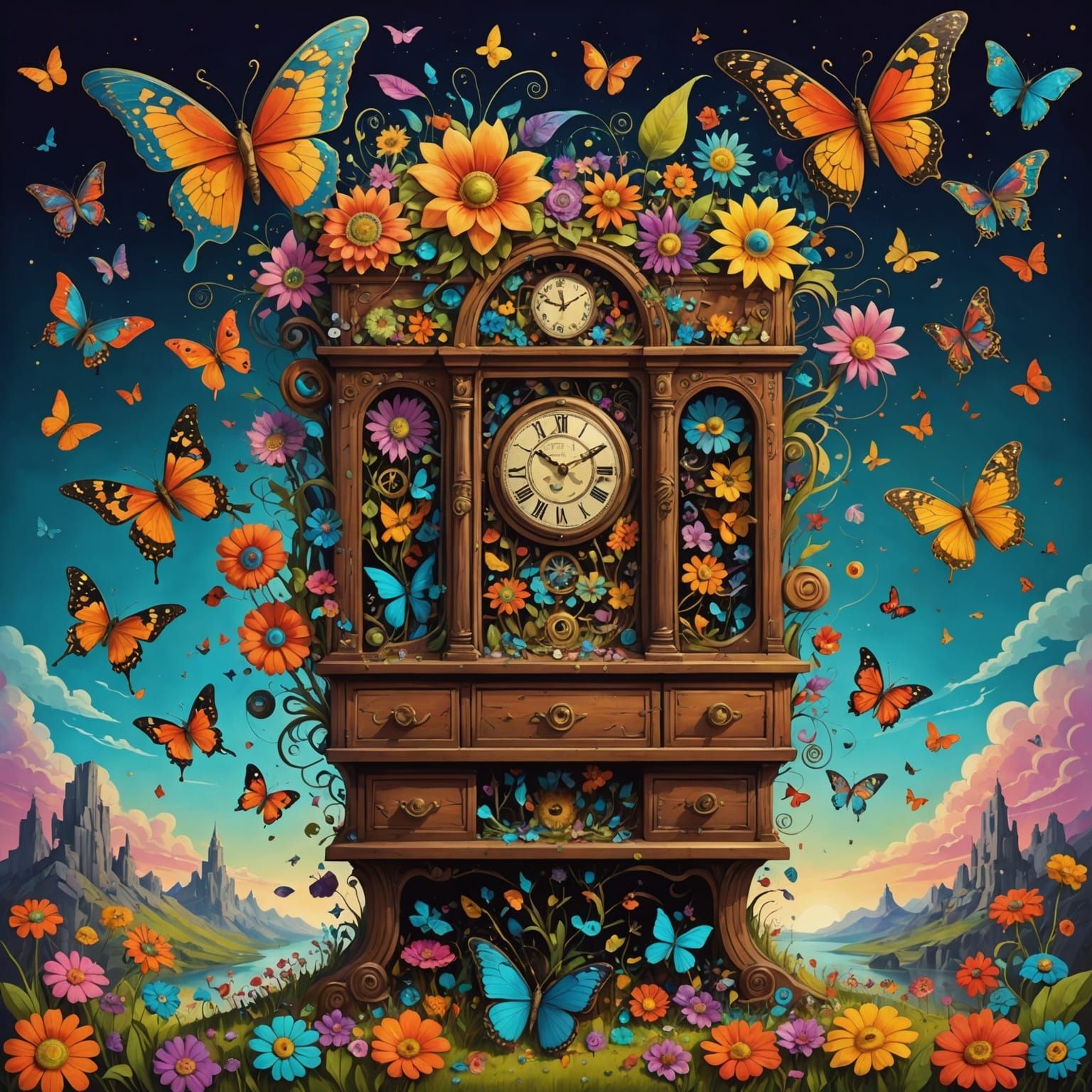 Psychedelic Dreamscape with Antique Drawers