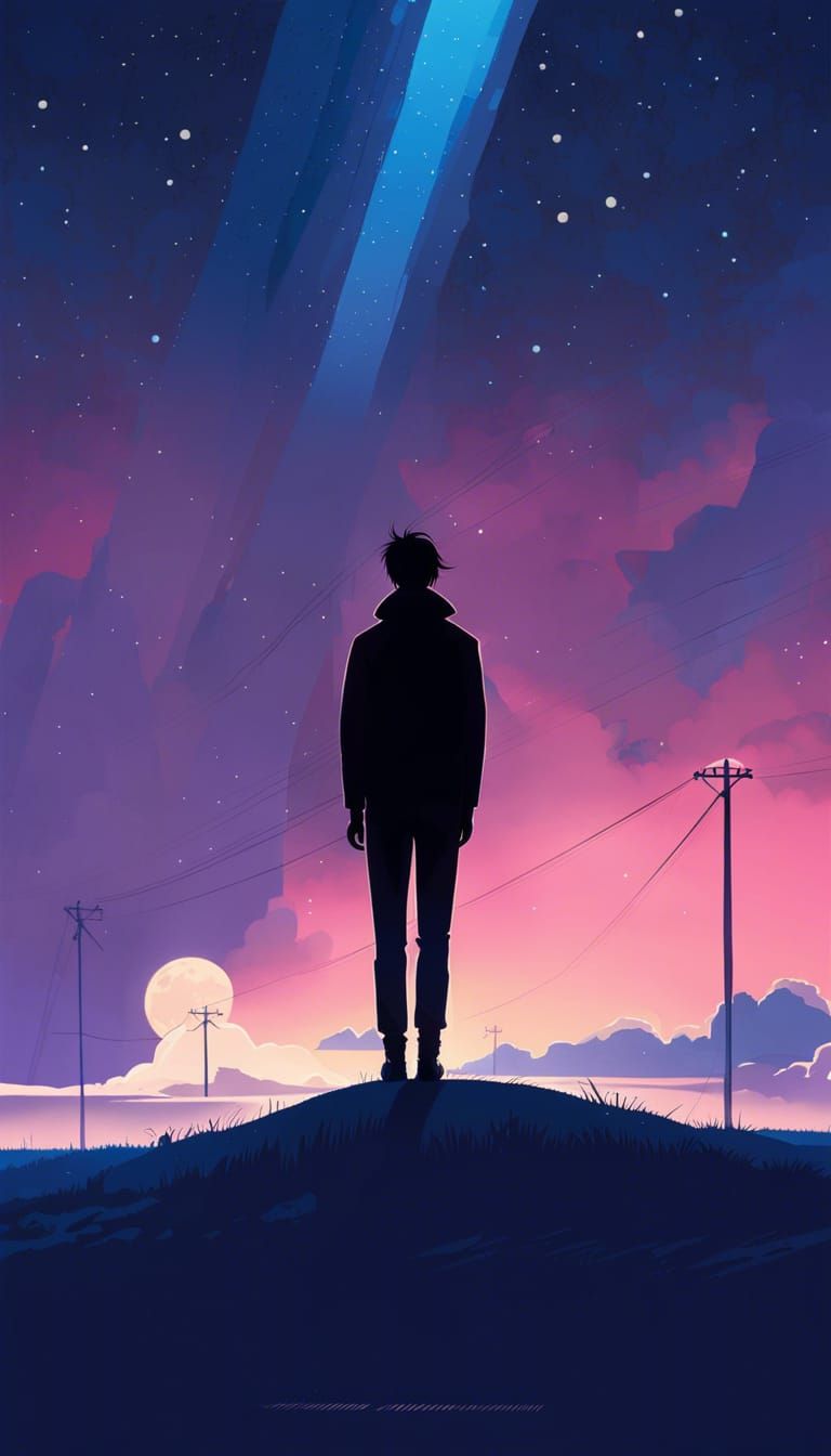 Silhouette Against Starry Night in Minimalist Vector Art