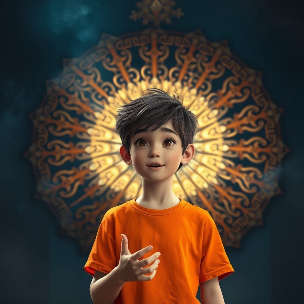 Boy in Orange Shirt Before Ornate Fan