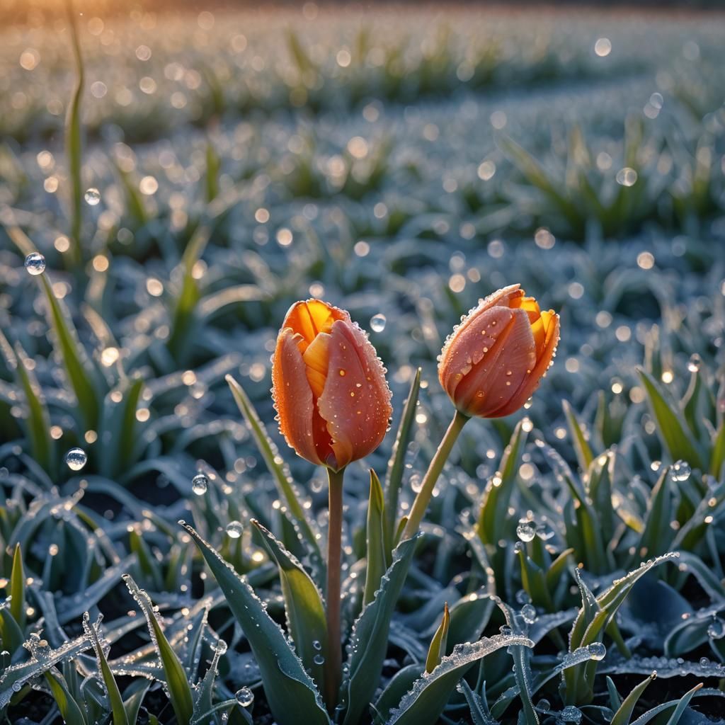 Macro Photograph of Orange Tulips with Frozen Dew