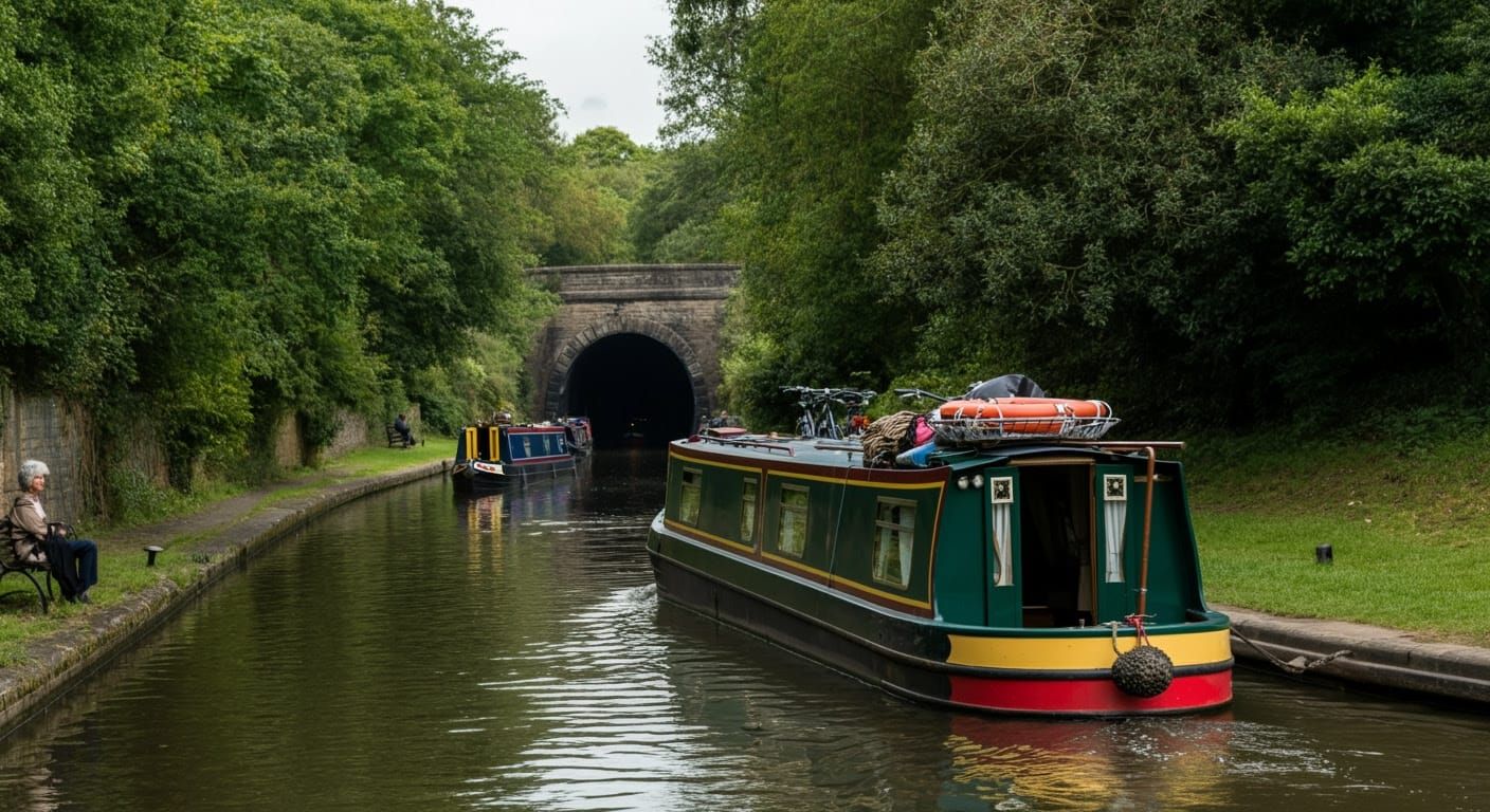 Peaceful Green Narrowboat Sails Along Canal Waterway with Co...