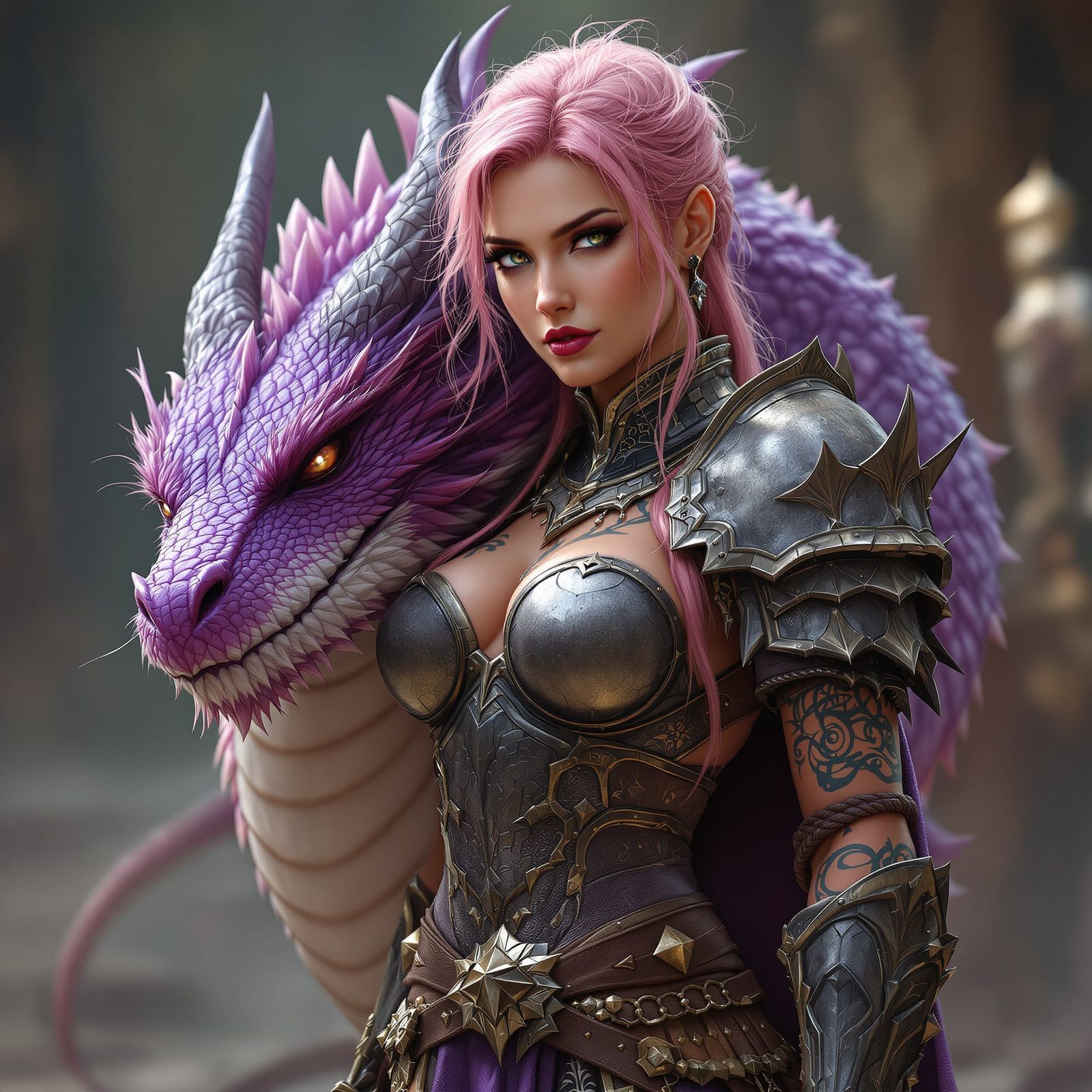 Tattooed Warrior Woman With Purple Dragon Companion