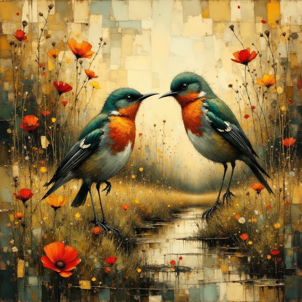 Abstract Gold and Green Grunge Ink Painting