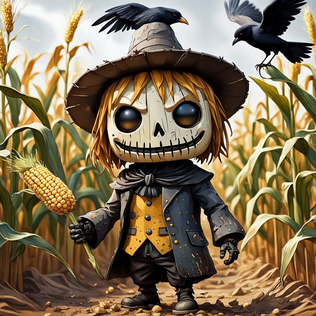 Funko Pop Scarecrow Shares Corn in Abstract Impasto Style