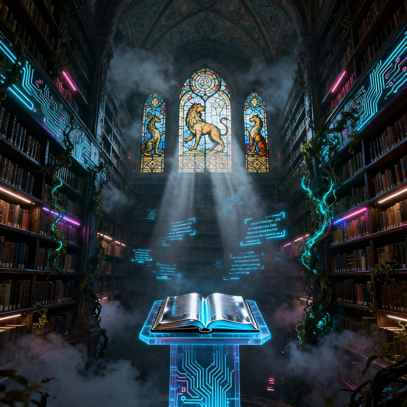 Cyberpunk Library with Neon Bookshelves and Holographic Glyp...