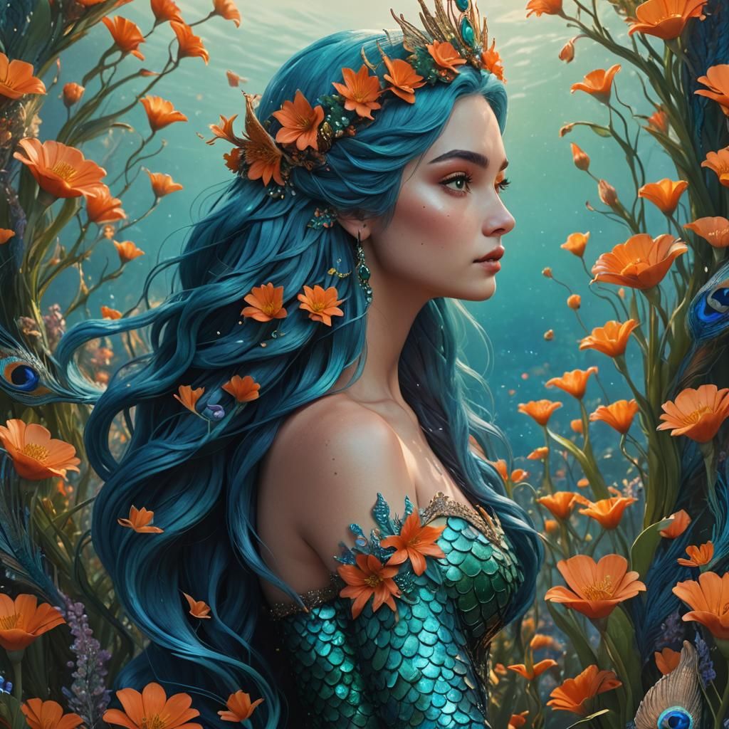 Mermaid with Peacock Tail in Fantasy Style