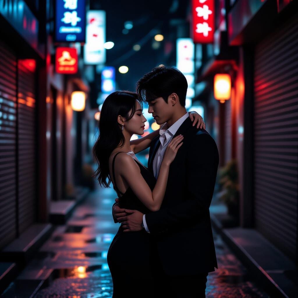 Korean Couple Embrace in Neon-Lit Alleyway