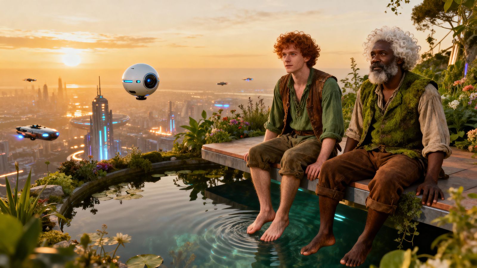 Rustic Friends Relaxing on Sky Platform Above Futuristic Cit...