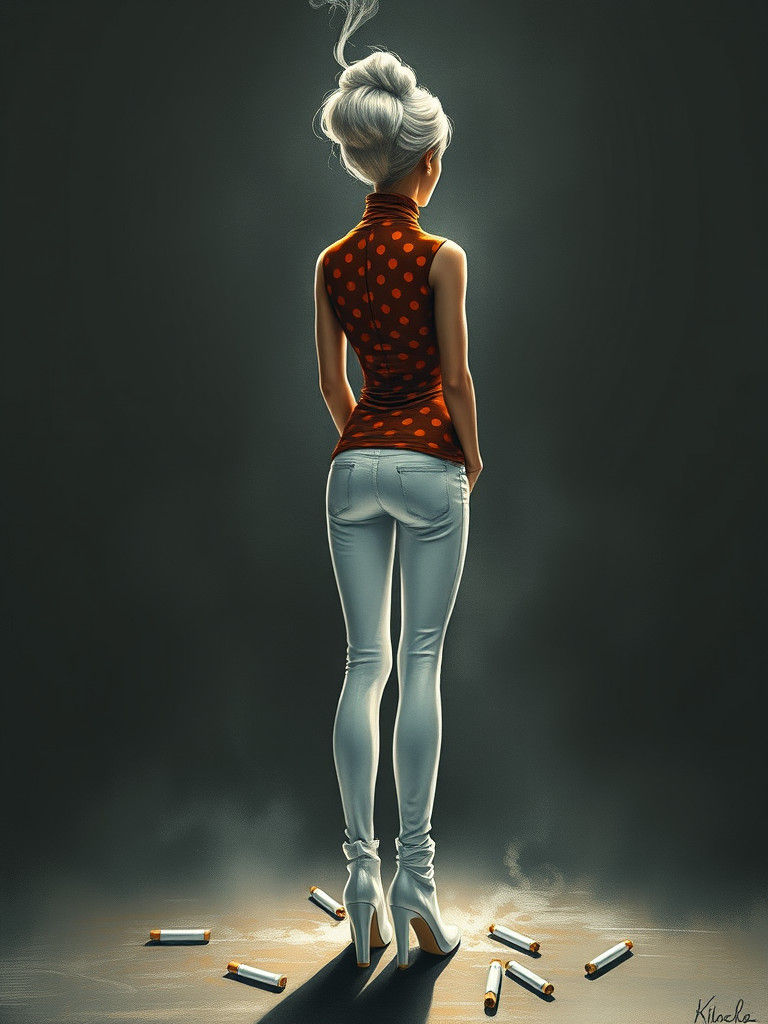 Impressionist Cigarette Woman Back View in Horror Setting