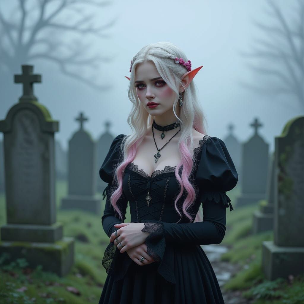 Mourning Elf in Foggy Graveyard