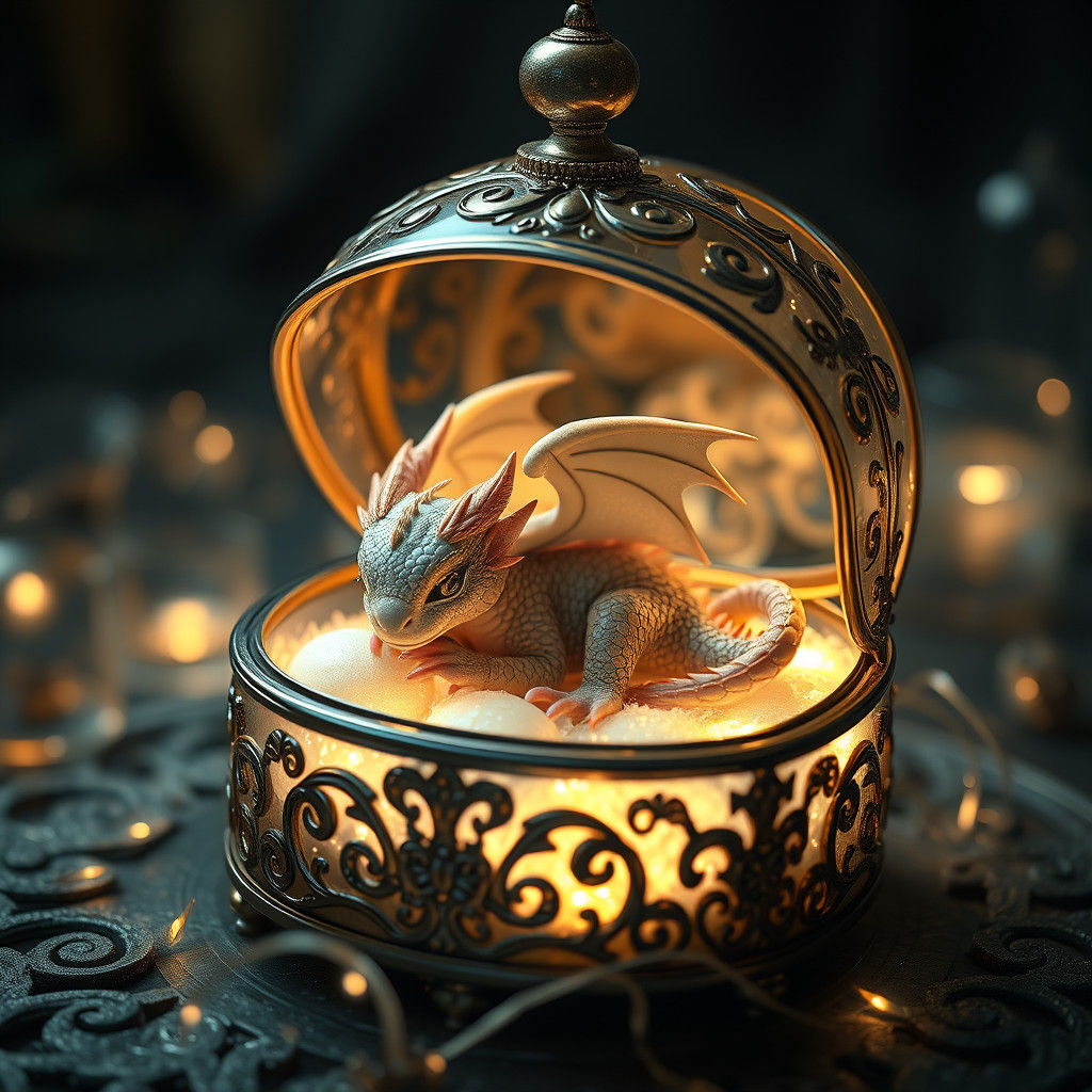 Baby Dragon Resting in Ornate Glass Jewelry Box