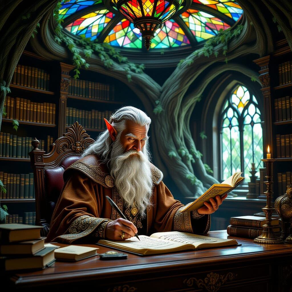Enchanting Elf in Tree Library, Fantasy Art