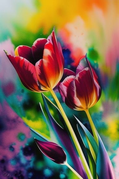 Colorful Ink Flow Tulips in Gouache Style