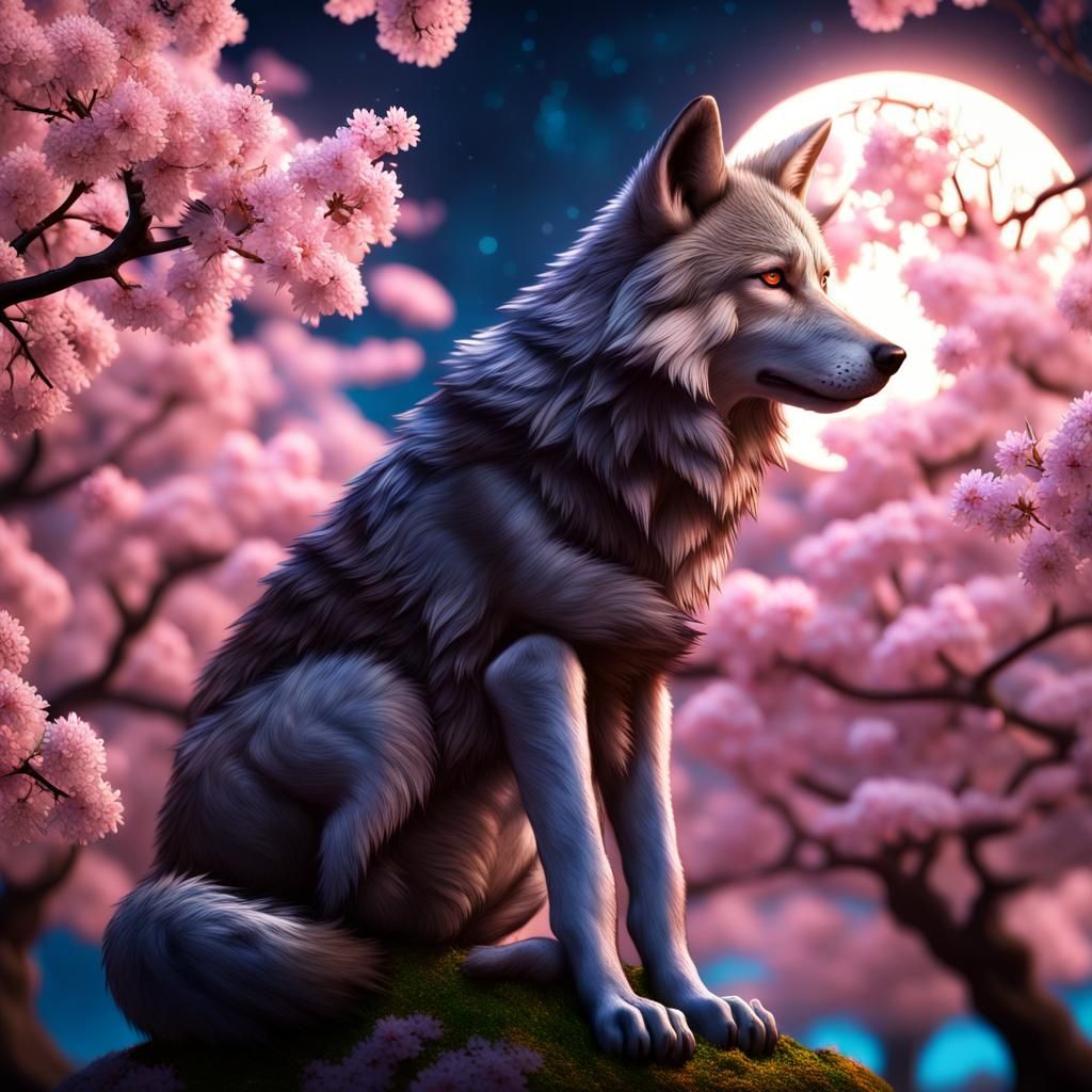 Wolf and Sakura Tree in Photorealistic CGI Rendering
