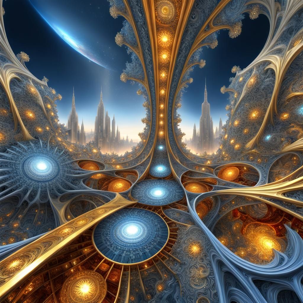 Intricate Fractal City in Space with Soft Light