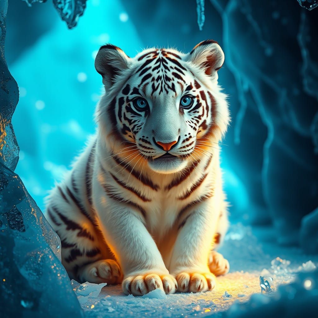 Regal White Baby Tiger in Icy Cave