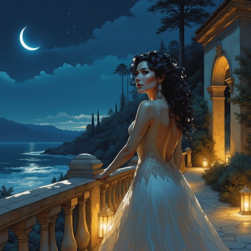Ethereal Mediterranean Night Under a Crescent Moon