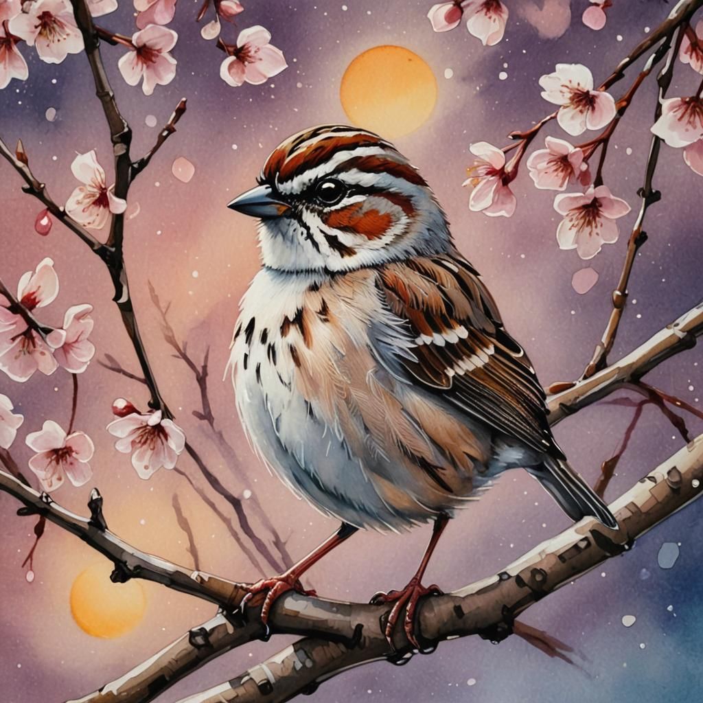 Chibi Sparrow on Cherry Branch: Impasto Watercolor