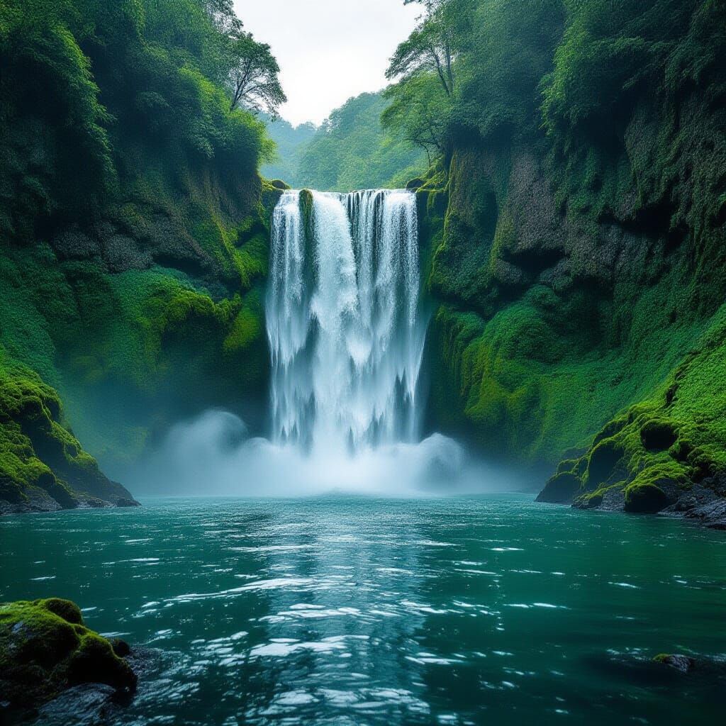 Majestic Waterfall in Pristine Turquoise Pool Cinematic Film...