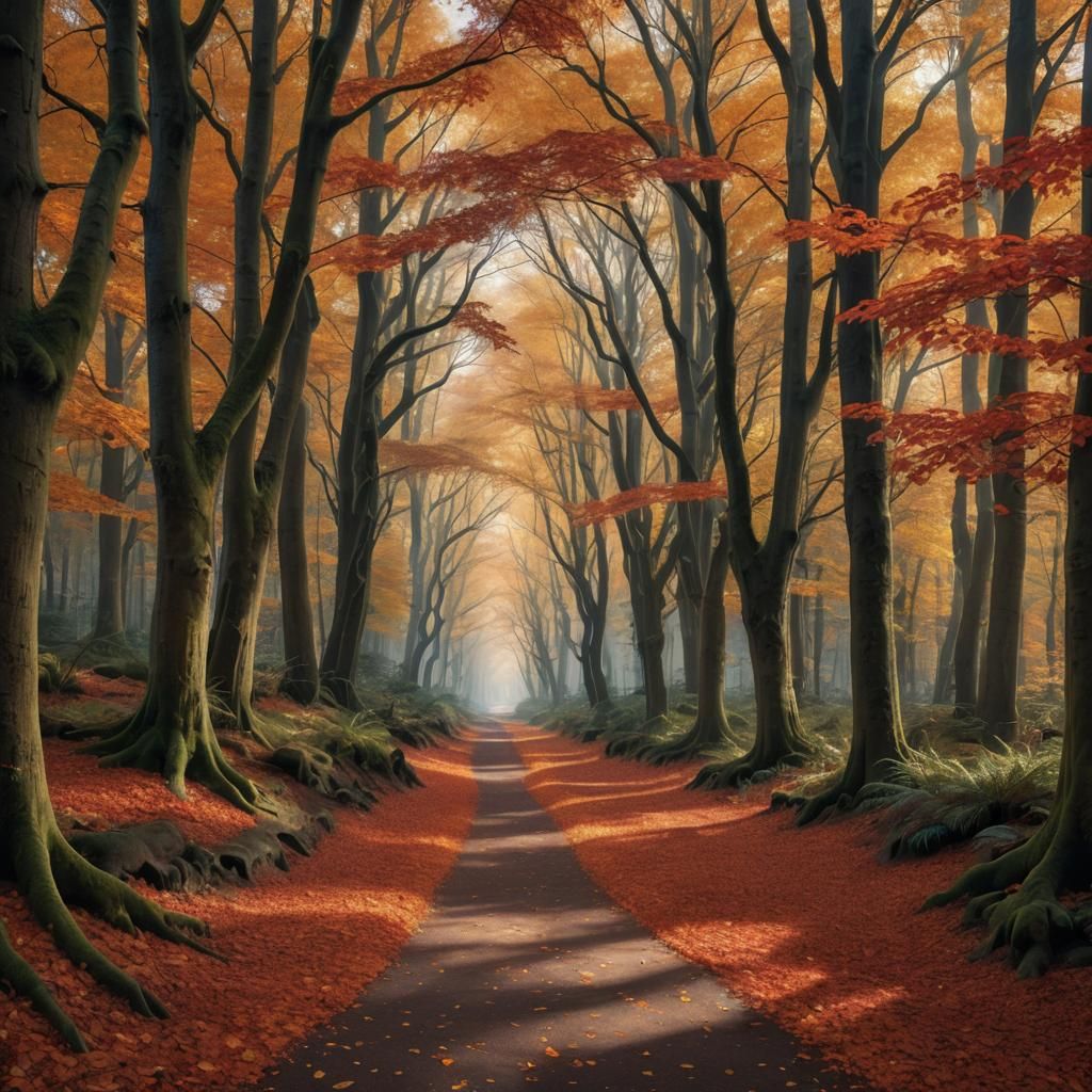 Enchanted Autumn Forest Path with Golden Sunlight