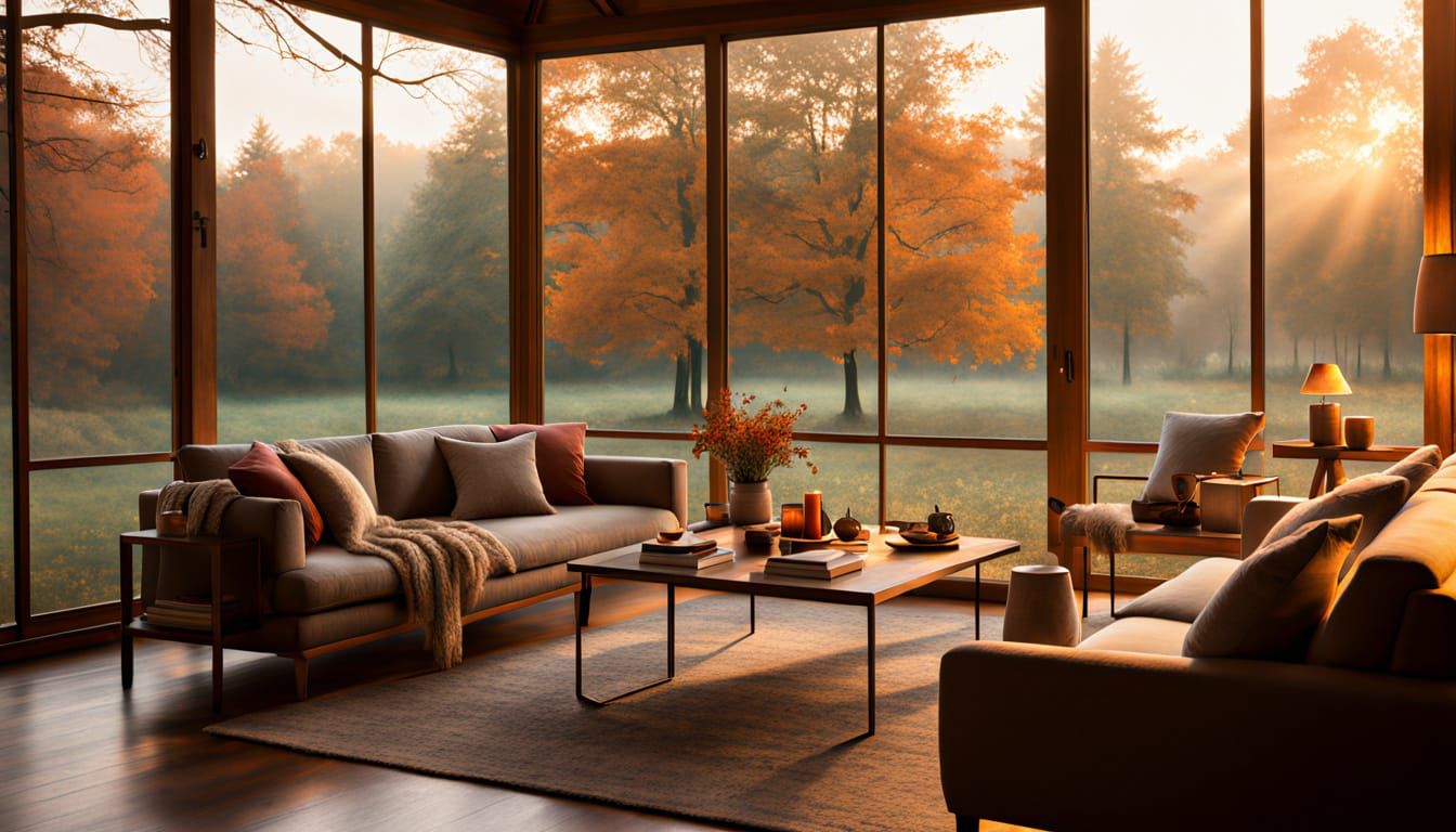 Cozy Gazebo Interior on Foggy Autumn Morning
