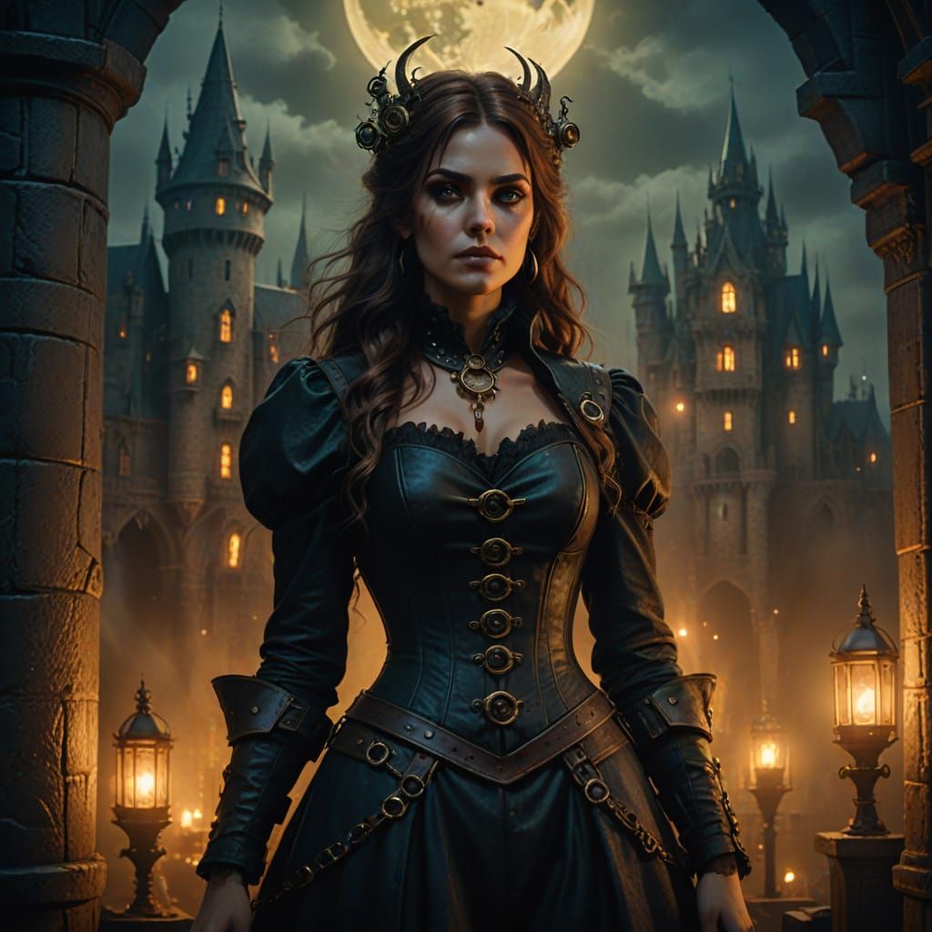 Steampunk Witch in Haunted Castle with Golden Lighting