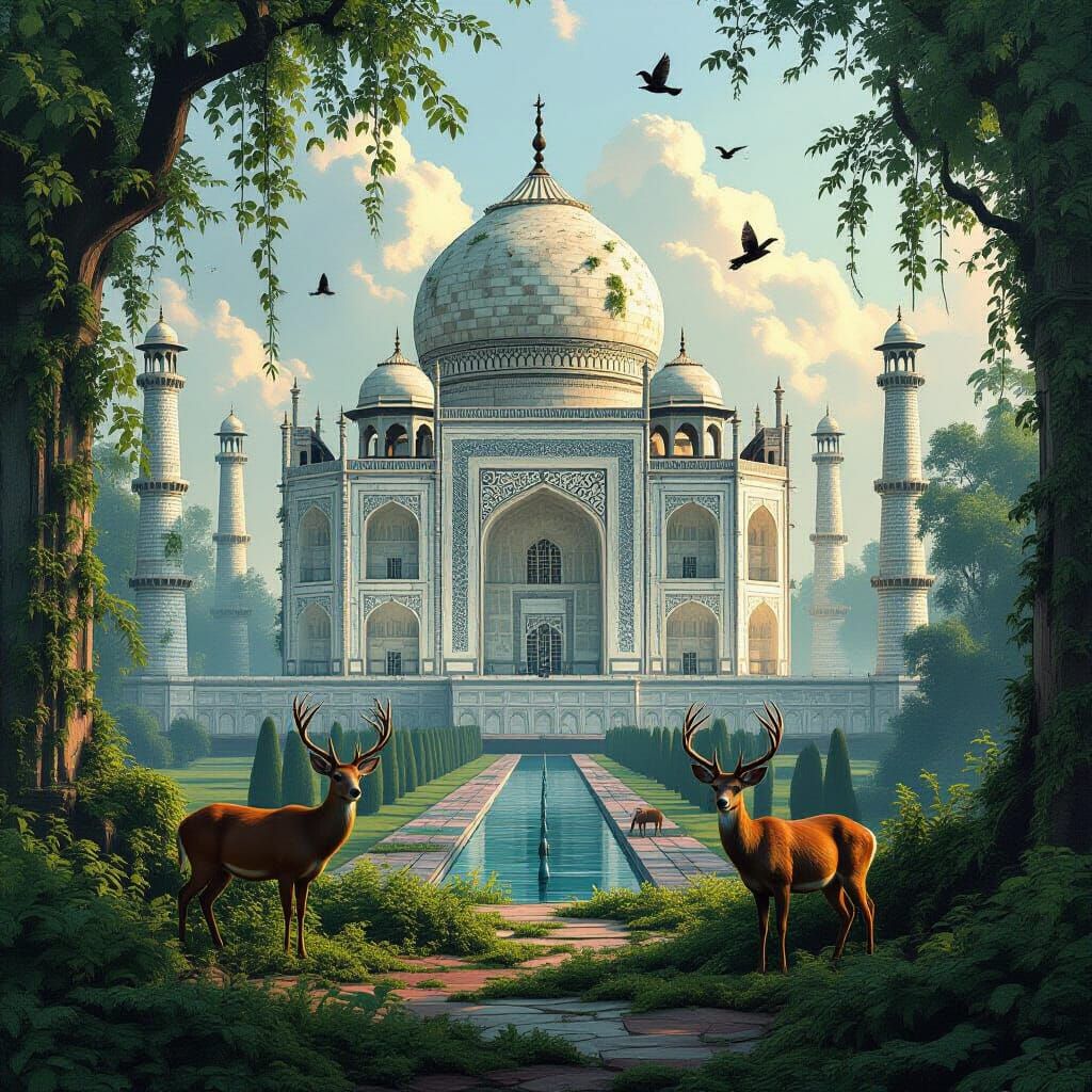 Overgrown Taj Mahal in Lush Forest with Exotic Birds