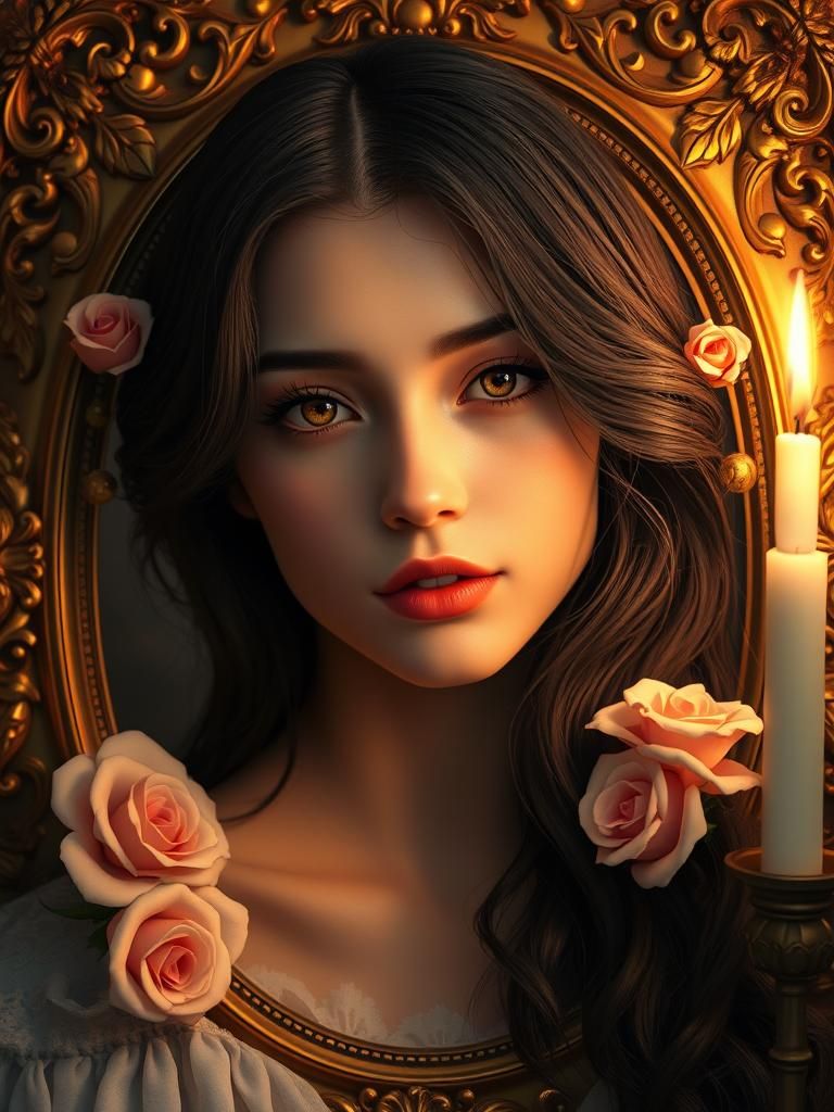 Ornate Portrait of Woman with Roses and Candlelight