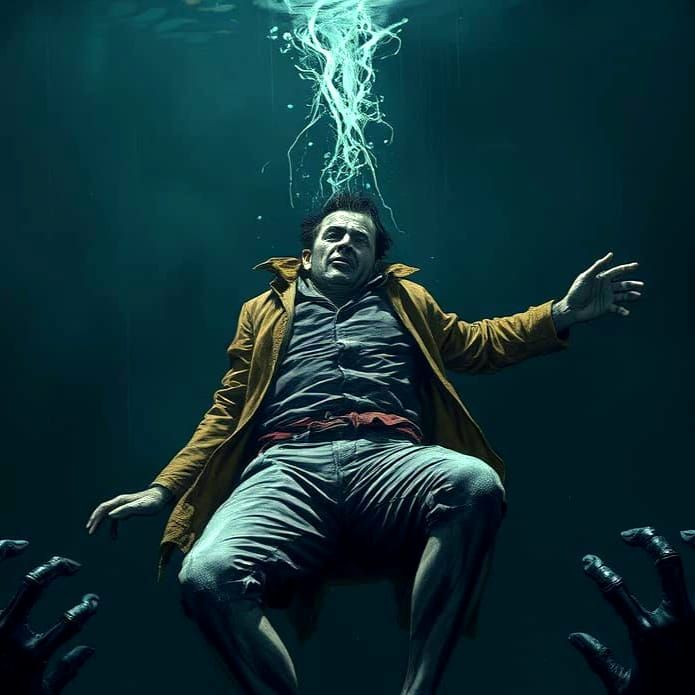 Comic-Style Image of a Man Sinking Underwater