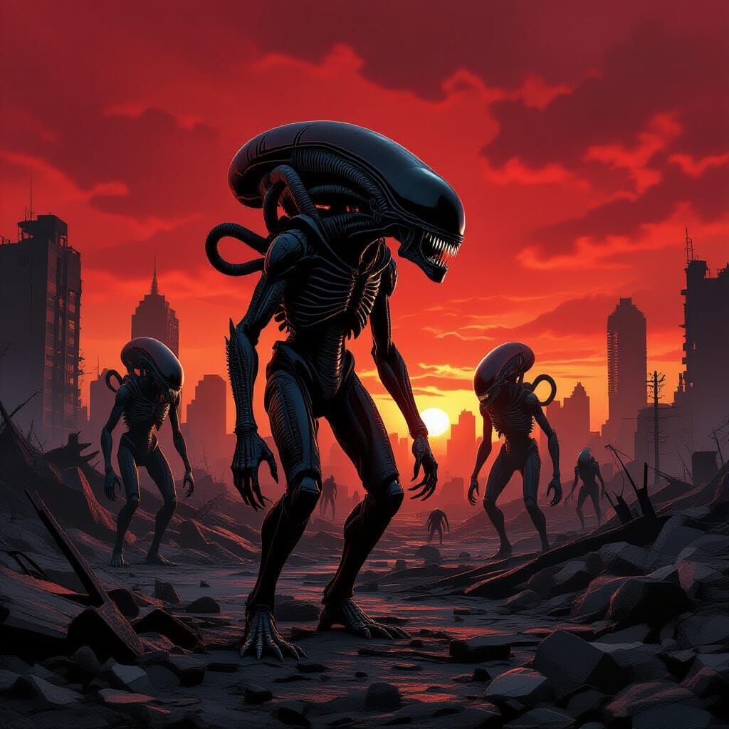 Destroyed City with Xenomorphic Aliens Under Red Sky