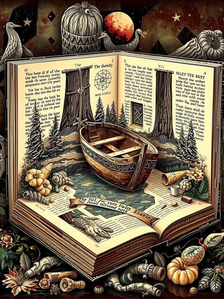 Intricately detailed, vintage-inspired book with worn leathe...