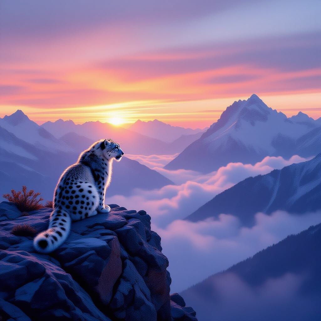 Snow Leopard at Dawn in Misty Mountains