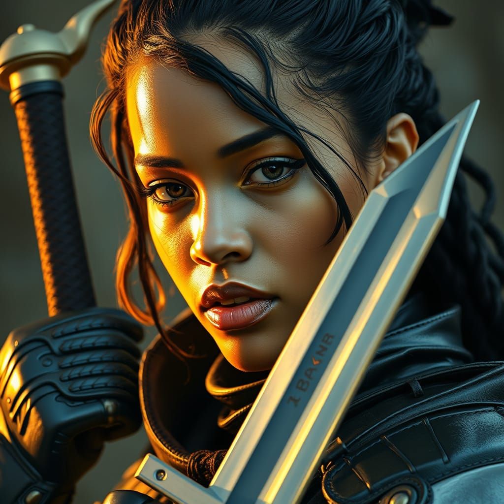 Rihanna-esque Woman as Fantasy Fighter in Photorealistic Sty...