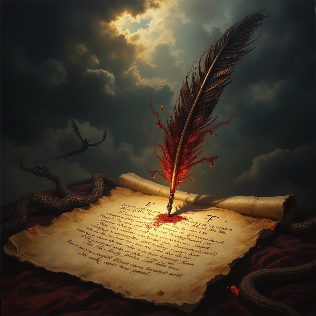 Quill Pen and Runes in Dramatic Chiaroscuro Style