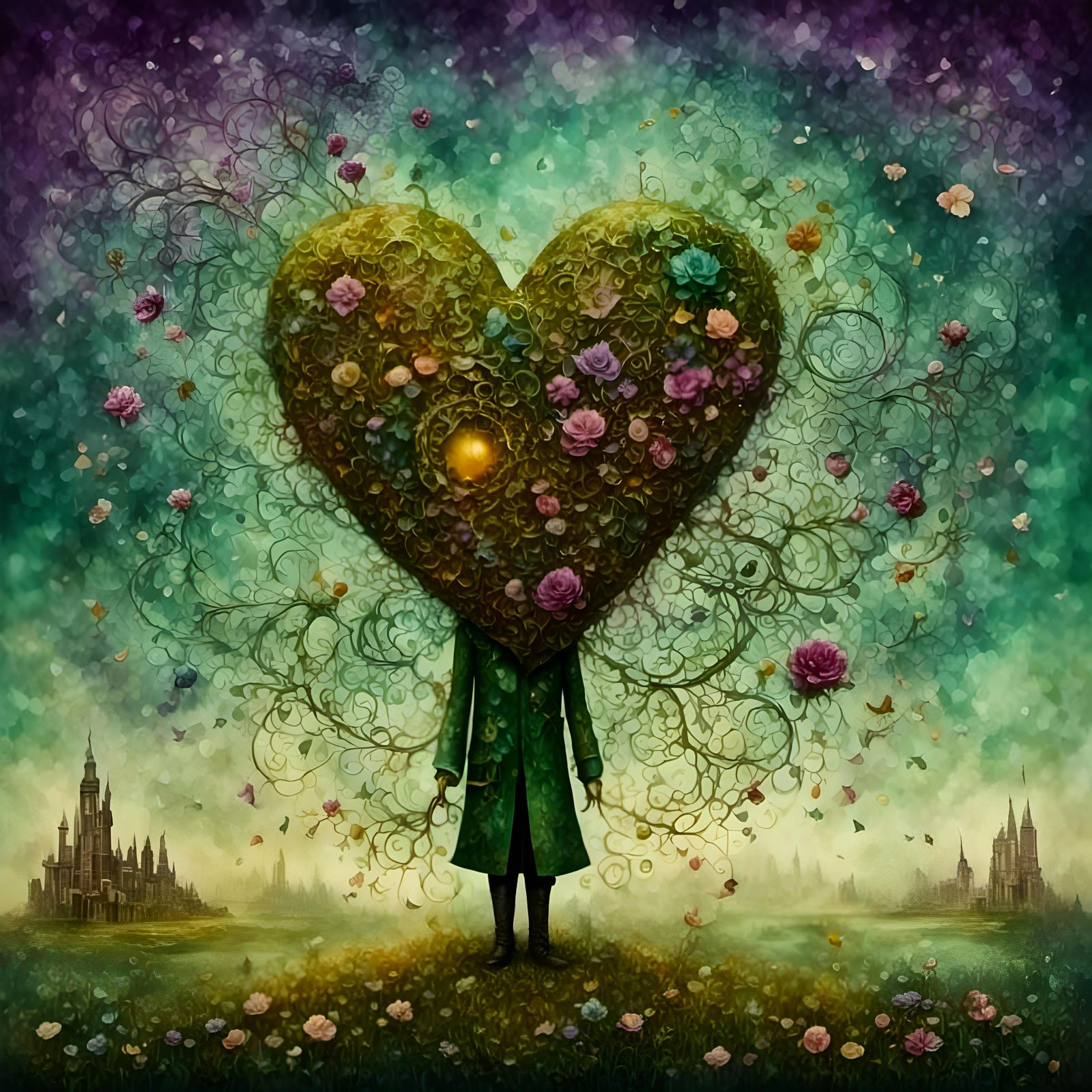 Rusted Metal Heart with Plague Doctor in Art Deco Style