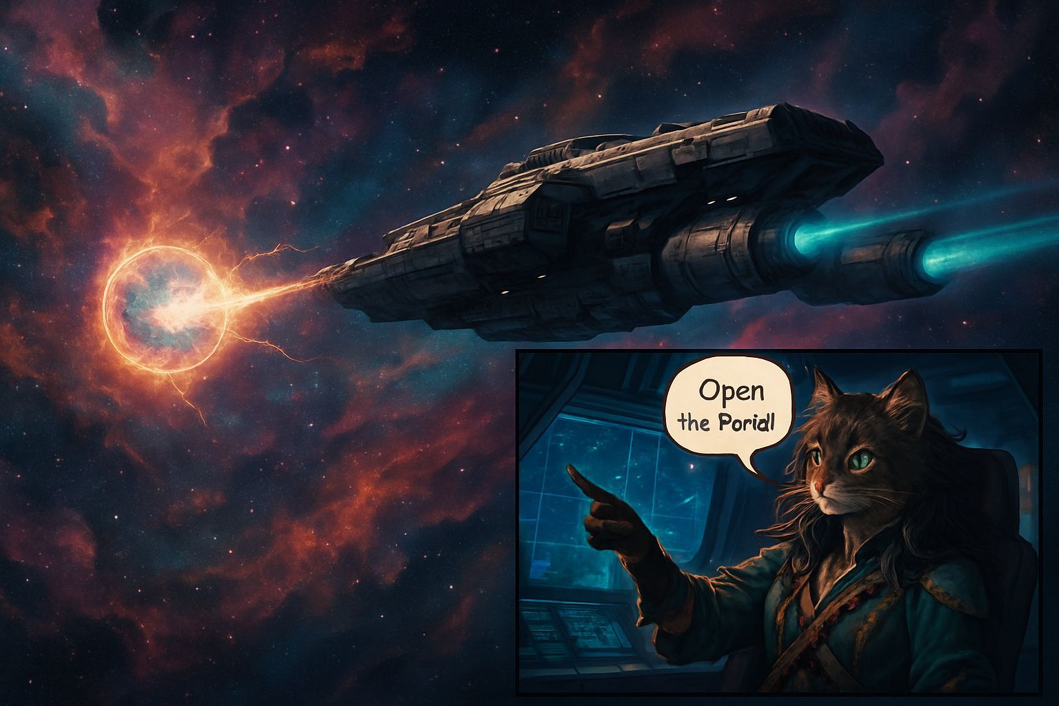 Cat Pirate Captain Navigates Cosmic Nebula in Anime Style