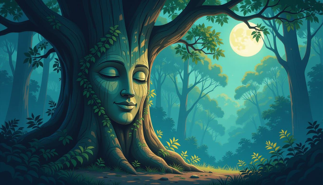 Mystical Gum Tree with Face in Forest, Digital Painting