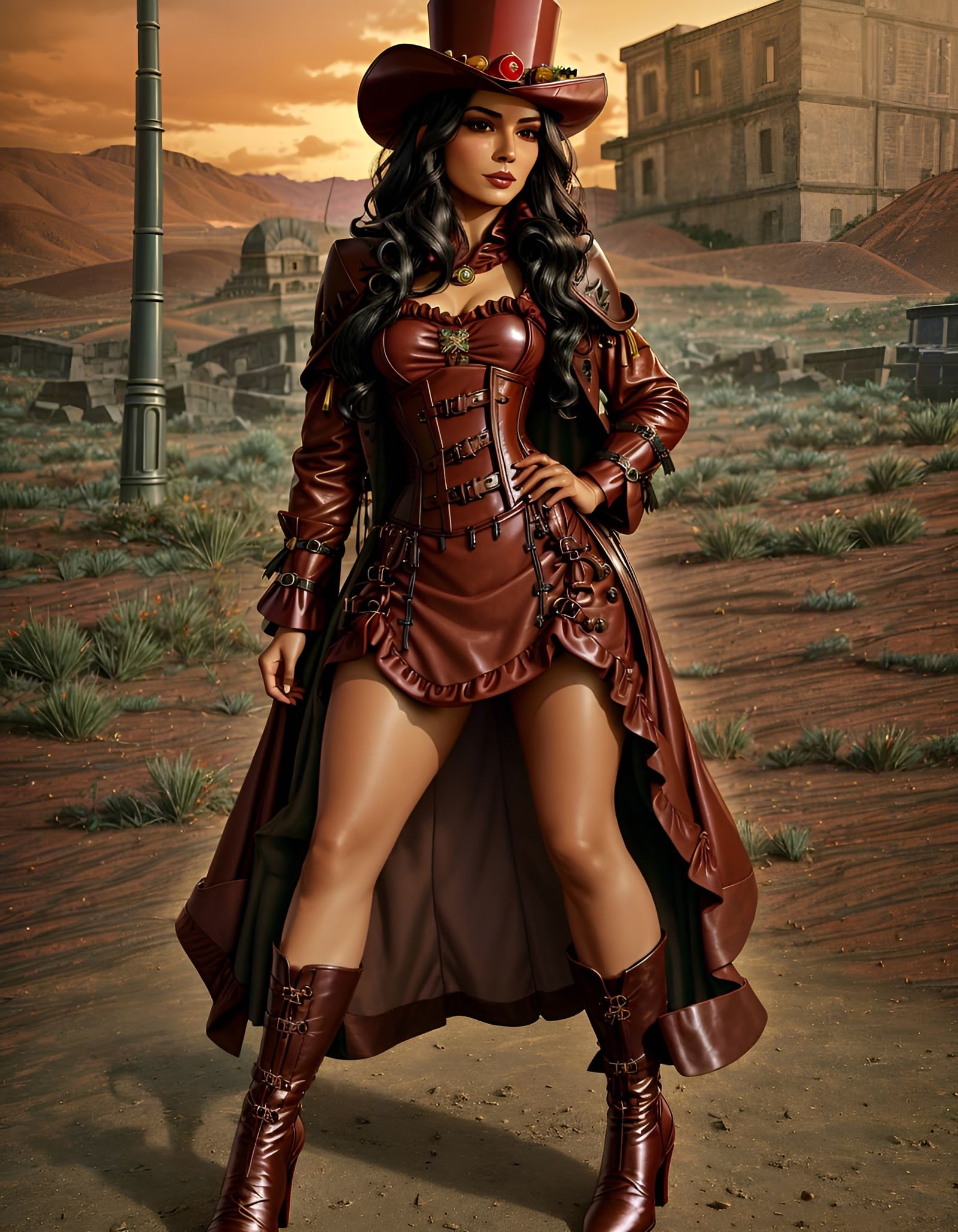 Steampunk Mexican Lady in Red Leather Dress