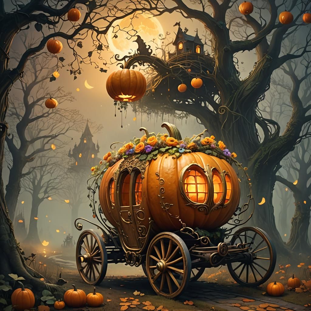 Pumpkin Carriage in Misty Forest: Fantasy Art