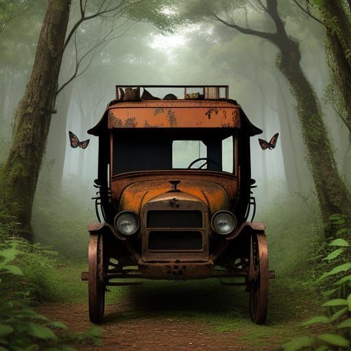 Vintage Car Surrounded by Butterflies in a Whimsical Forest