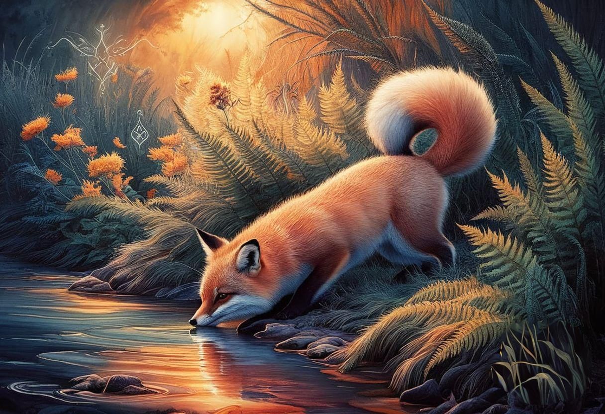 Fox Drinking From River: Watercolor and Ink Illustration