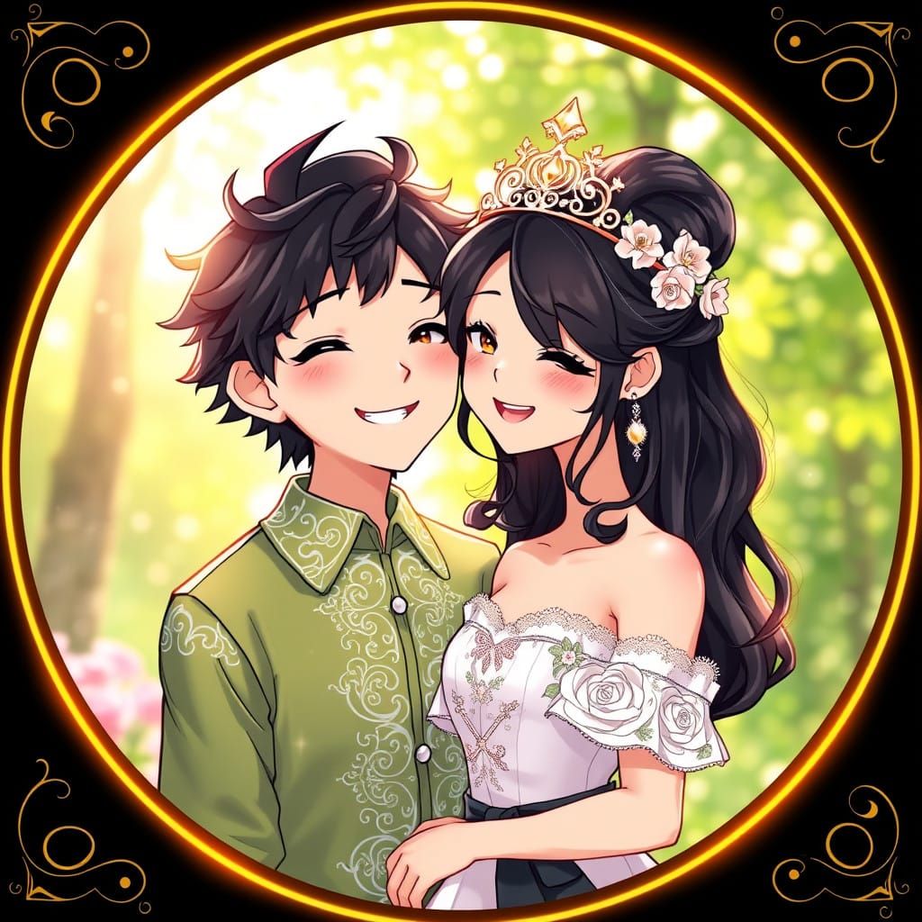 Anime-Inspired Couple in Whimsical Green Garden Setting