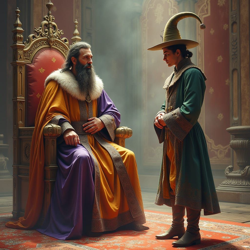 A Regal Court Jester in Monochromatic Watercolor Fantasy