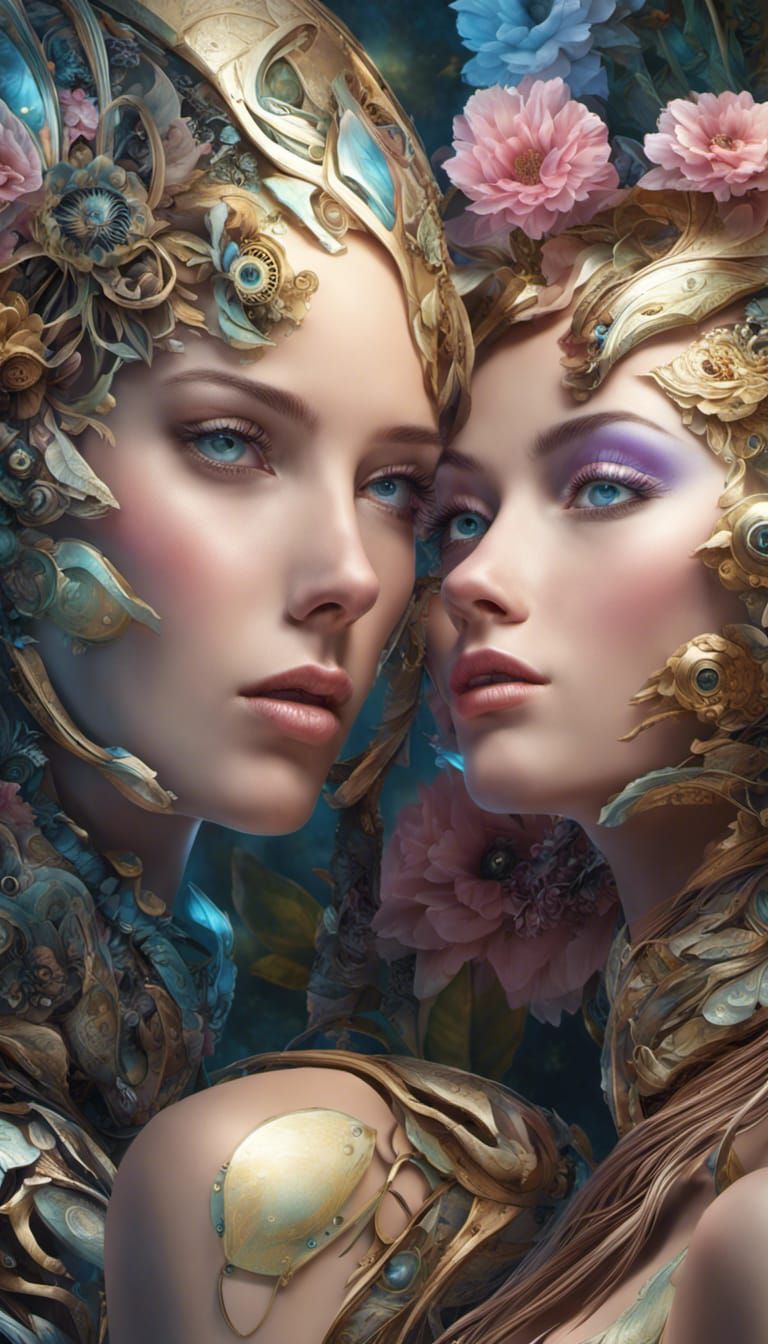 Steampunk Biomechanical Garden with Androgynous Figures