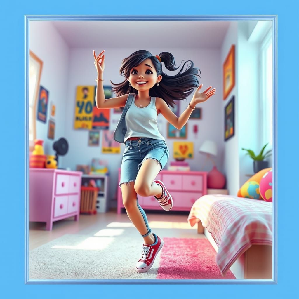 Teenager Dancing in Bright and Airy Bedroom, 3D Style