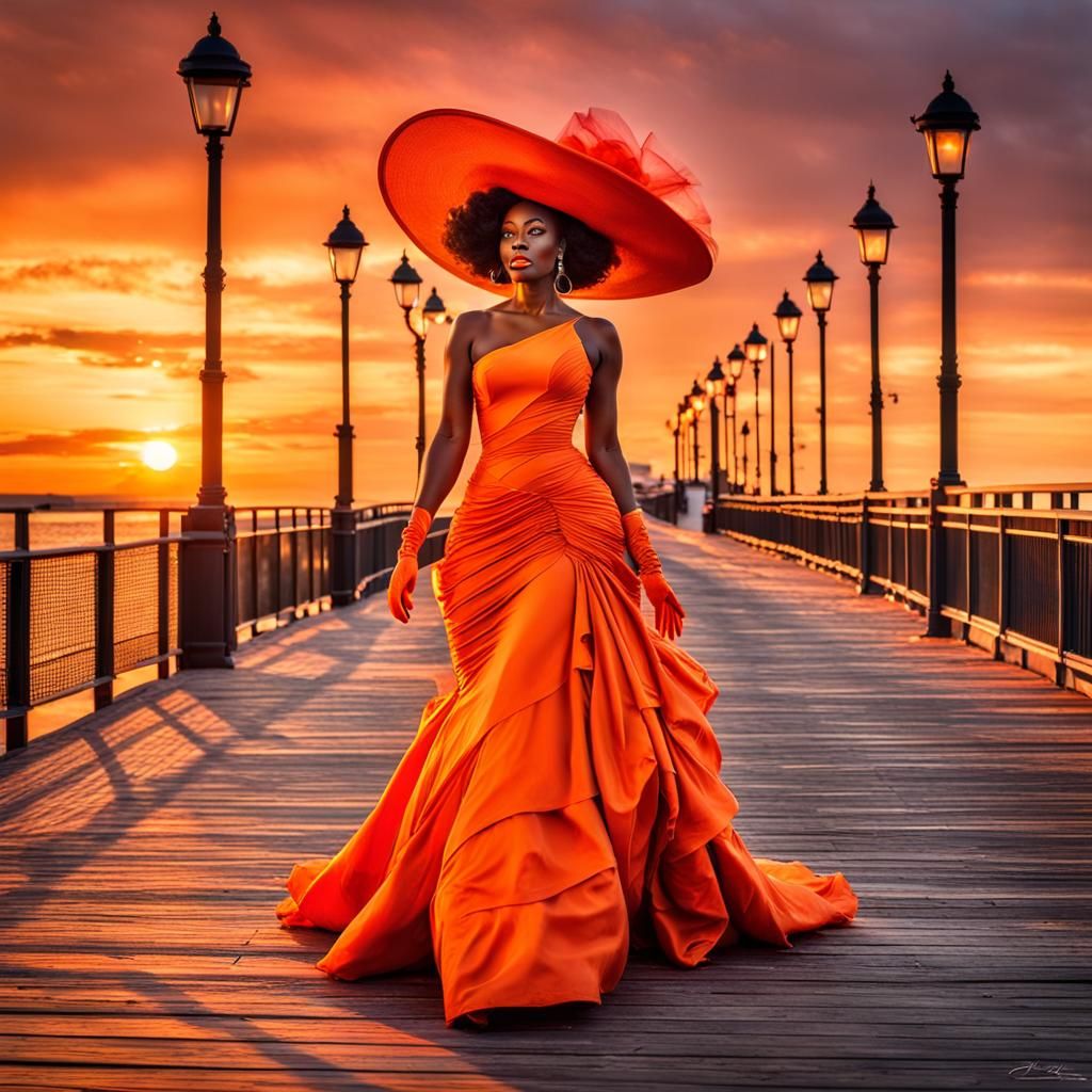 Orange Couture Gown on Windswept Boardwalk