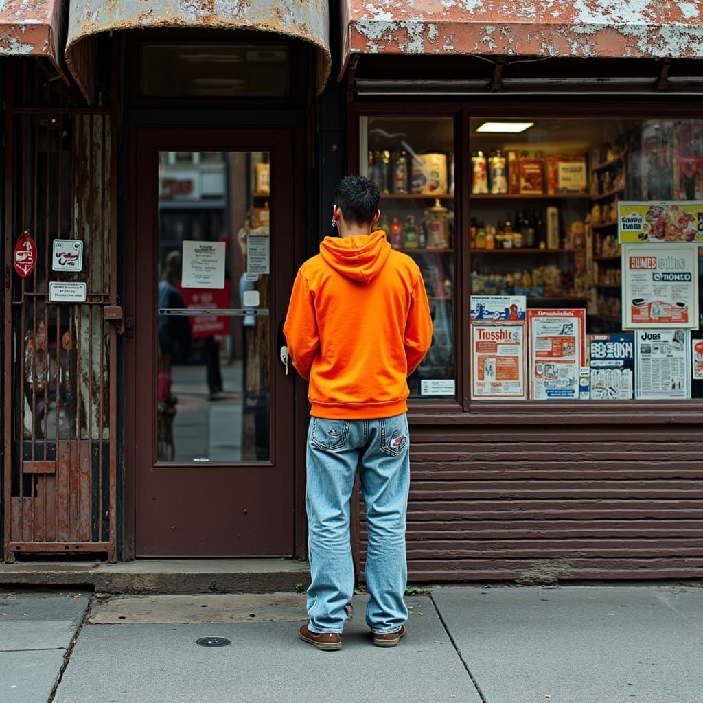 Person in Orange Hoodie at Bodega in Urban Style