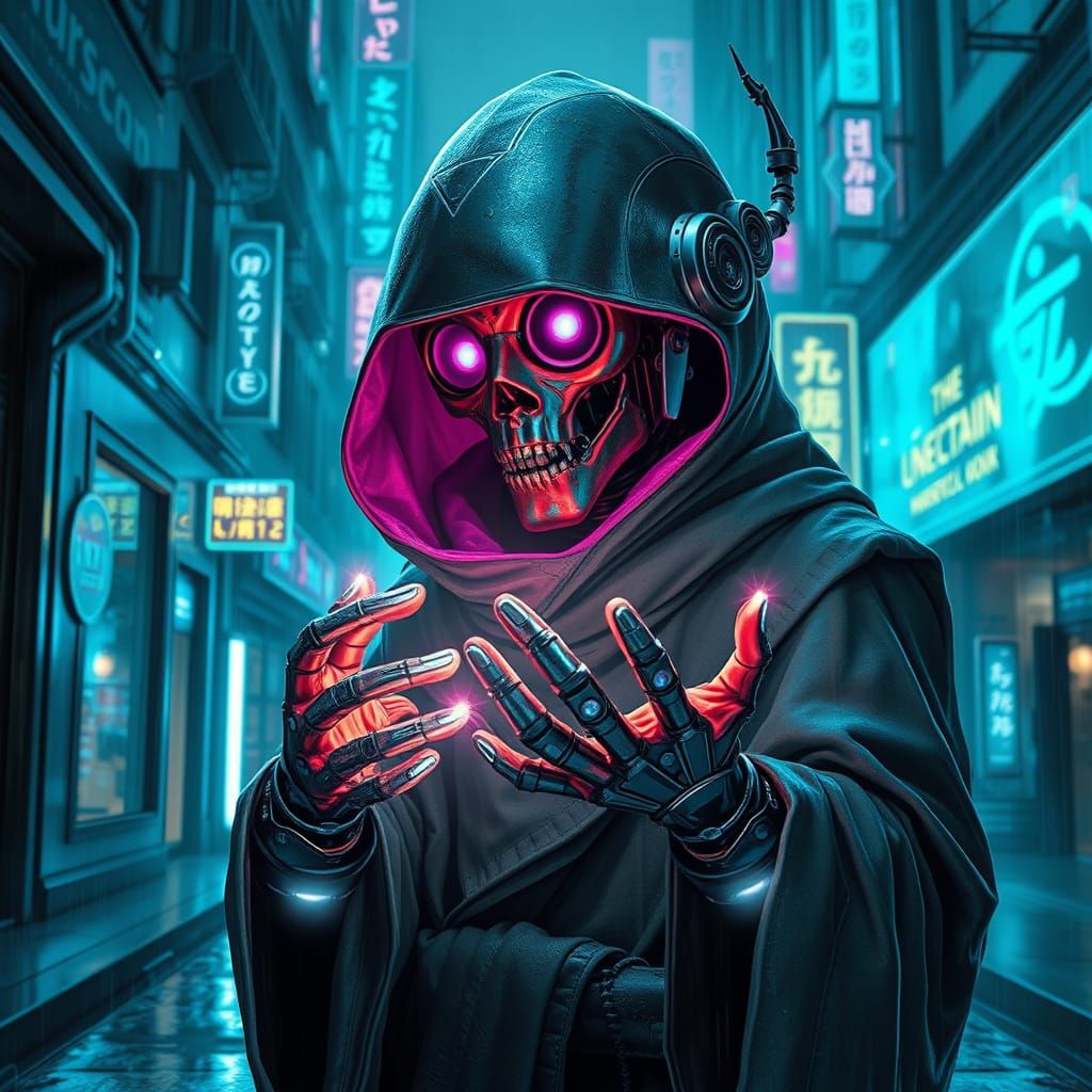 Ancient Robot Wizard Conjures Runes in Neon City