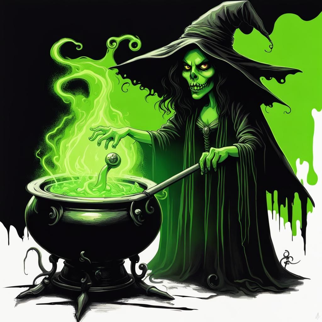 evil witch, poison apple, bubbling cauldron, neon green, style of Tim Burton